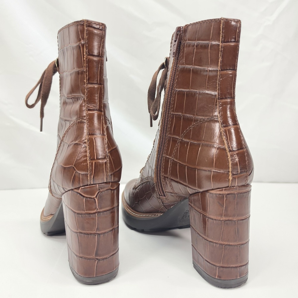Naturalizer Womens 7.5 Brown Croc Embossed Leather Lace Up Ankle Boots Block Hee - Picture 4 of 16